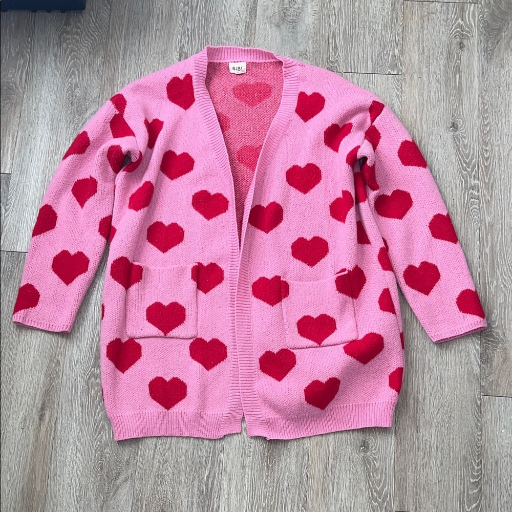 BiBi Pink and red heart Knit Sweater thick cardigan size xl Valentine’s Day love